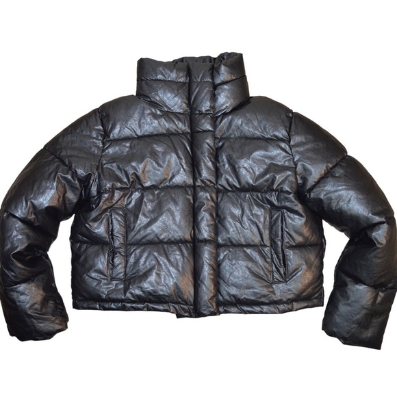 LA Coalition Vegan Leather Look Black Cropped Puffer Jacket, Large - Picture 1 of 14